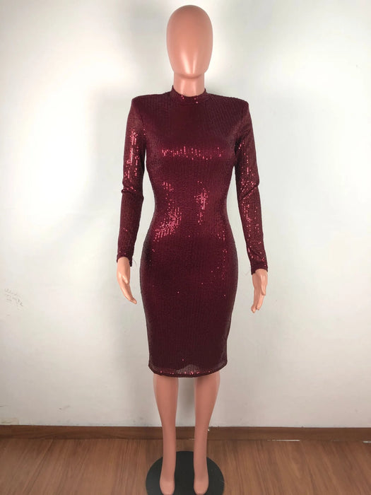 Spring Winter Dress Women Sequined Sexy Full Sleeve Bodycon O-Neck Night Club Party Street Bandage Midi Pencil Dresses
