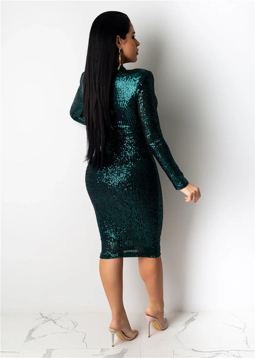 Spring Winter Dress Women Sequined Sexy Full Sleeve Bodycon O-Neck Night Club Party Street Bandage Midi Pencil Dresses