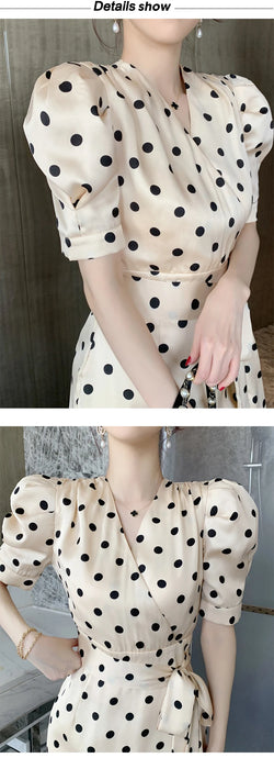 Fashion Holiday Party Club Dress Women Elegant Vintage Puff sleeve V-neck work office lady polka dot a-line dress
