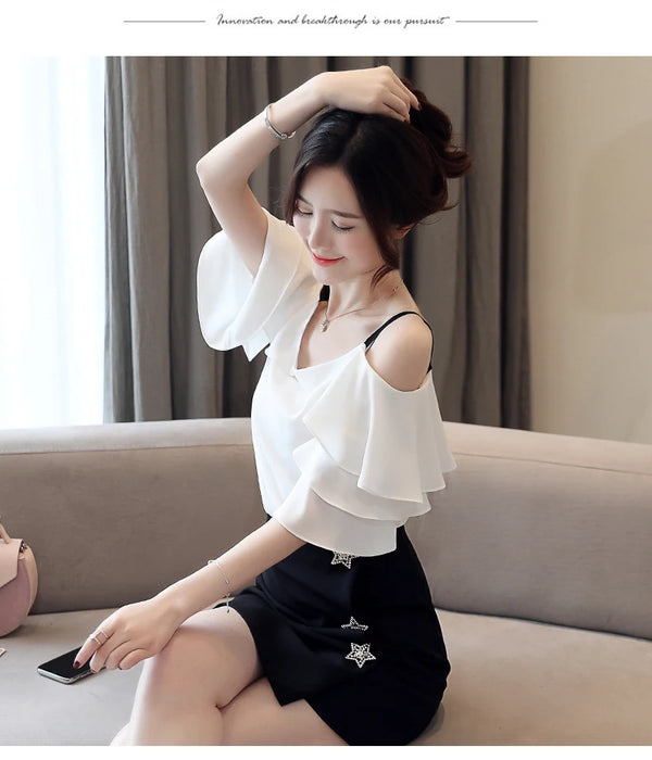 Fashion Blouses Woman Off Shoulder Top White Chiffon Tops And Blouses