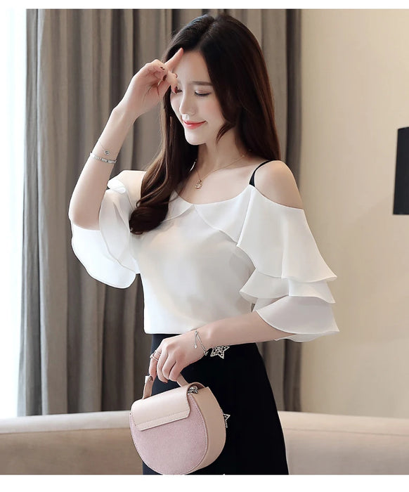 Fashion Blouses Woman Off Shoulder Top White Chiffon Tops And Blouses