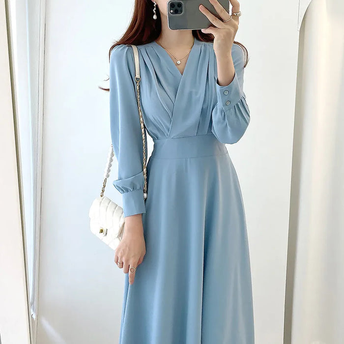 Office Lady V-neck Puff Sleeve A-line Maxi Dresses for Woman Solid Color Midi Office Dresses Elegant Spring