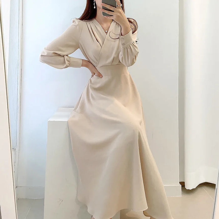 Office Lady V-neck Puff Sleeve A-line Maxi Dresses for Woman Solid Color Midi Office Dresses Elegant Spring