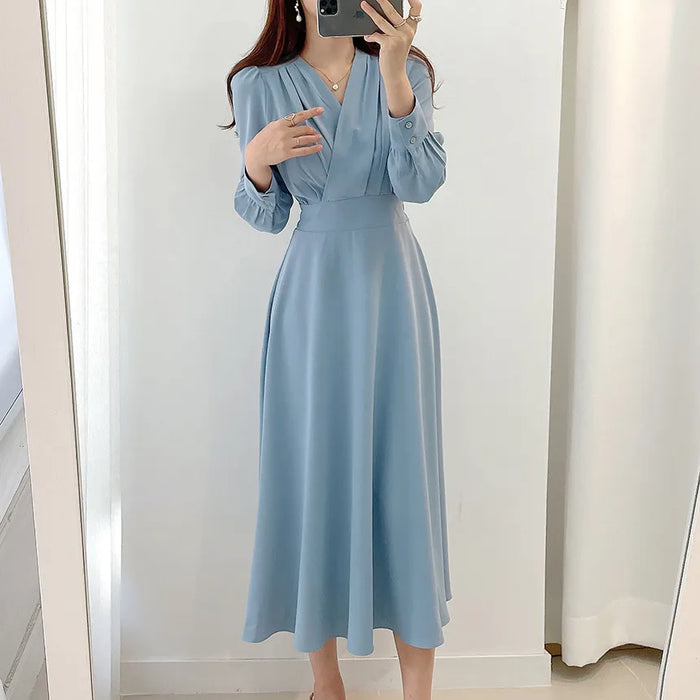 Office Lady V-neck Puff Sleeve A-line Maxi Dresses for Woman Solid Color Midi Office Dresses Elegant Spring