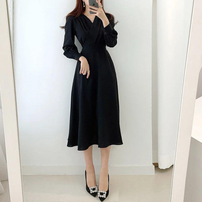 Office Lady V-neck Puff Sleeve A-line Maxi Dresses for Woman Solid Color Midi Office Dresses Elegant Spring