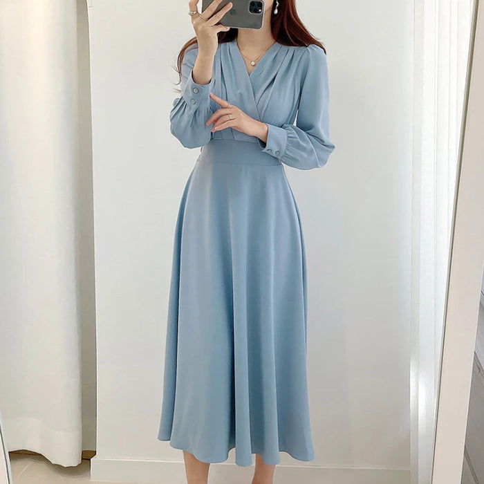 Office Lady V-neck Puff Sleeve A-line Maxi Dresses for Woman Solid Color Midi Office Dresses Elegant Spring