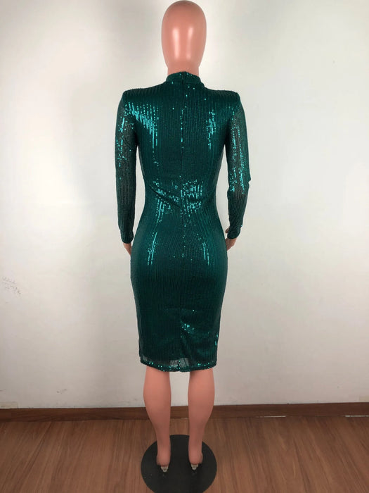 Spring Winter Dress Women Sequined Sexy Full Sleeve Bodycon O-Neck Night Club Party Street Bandage Midi Pencil Dresses