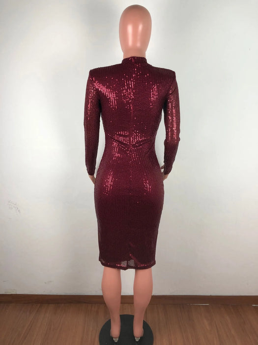 Spring Winter Dress Women Sequined Sexy Full Sleeve Bodycon O-Neck Night Club Party Street Bandage Midi Pencil Dresses