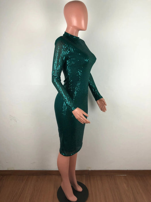 Spring Winter Dress Women Sequined Sexy Full Sleeve Bodycon O-Neck Night Club Party Street Bandage Midi Pencil Dresses