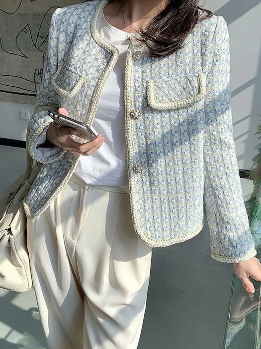 High Quality French Vintage Tweed Jacket Coat Women's Spring Fall Short Coat Plaid Outwear Office Lady