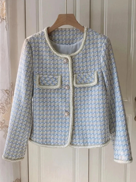 High Quality French Vintage Tweed Jacket Coat Women's Spring Fall Short Coat Plaid Outwear Office Lady