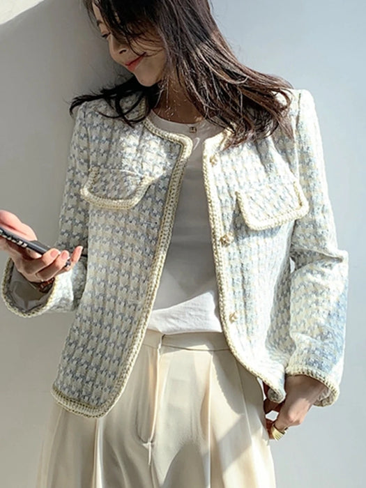 High Quality French Vintage Tweed Jacket Coat Women's Spring Fall Short Coat Plaid Outwear Office Lady