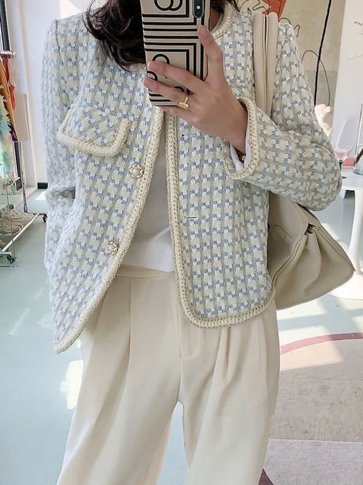 High Quality French Vintage Tweed Jacket Coat Women's Spring Fall Short Coat Plaid Outwear Office Lady