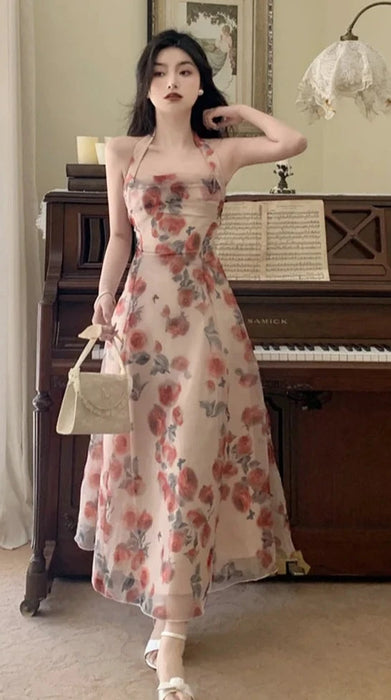 Floral Chiffon Fairy Dress Print Halter Dress Women Backless Sexy Elegant Party