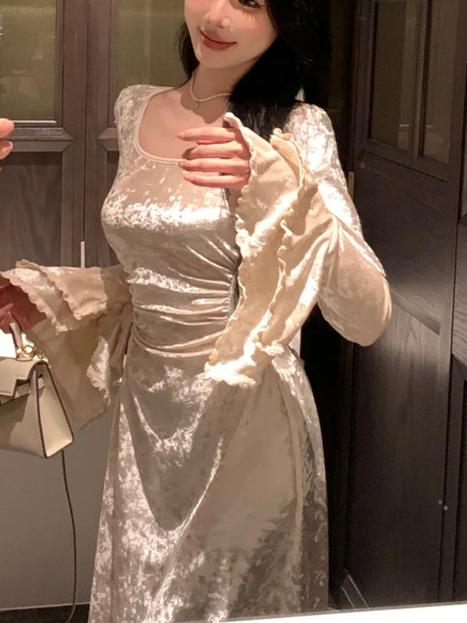 Women Long Sleeve Elegant Party Midi Dress Female Dress Semi Formal