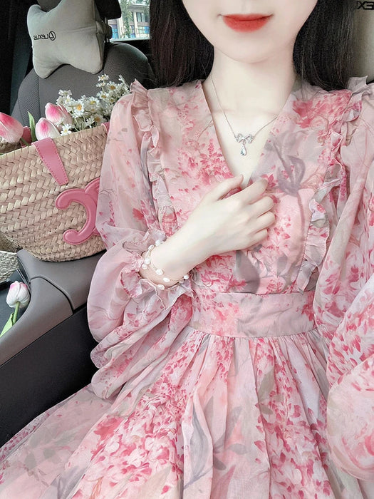 V-Neck Dress Print Fashion Long Sleeve Chiffon Women Pink Clothes Summer
