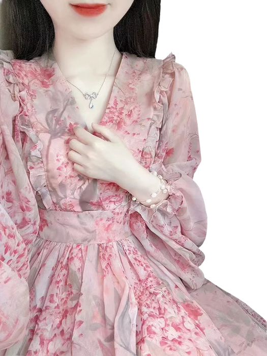 V-Neck Dress Print Fashion Long Sleeve Chiffon Women Pink Clothes Summer