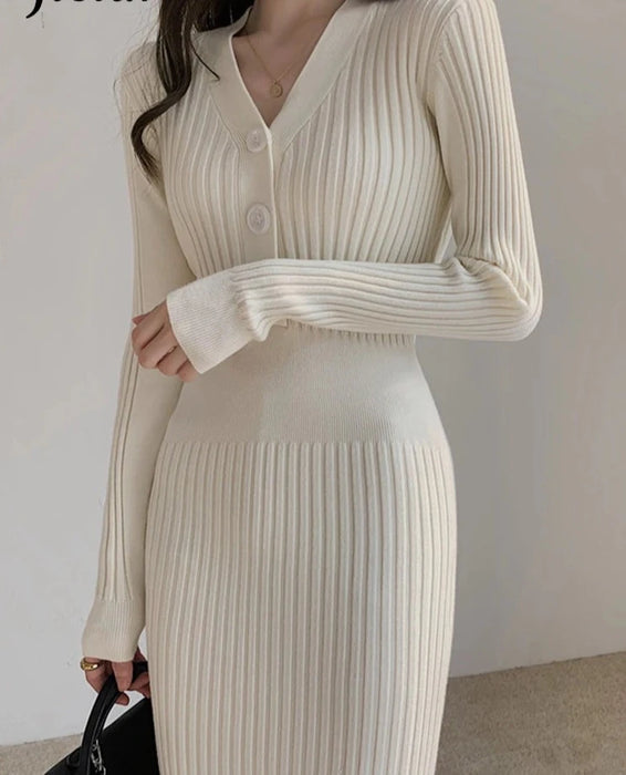 Knitted Long Sleeve Dresses Women Bodycon Dress Lady Winter Buttons V Neck Sweater