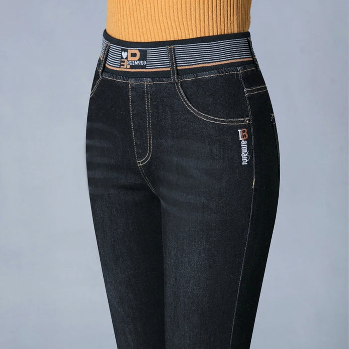 Big Size 36 Straight Jeans Women Casaul Vintage Denim Pants Retro Trousers High Waist Stretch