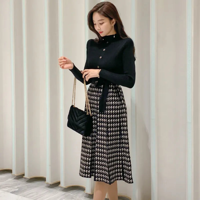 Elegant Knitted Plaid Patchwork Midi Dress for Women Long Sleeve O-neck Pleated Dress Fall Winter Office Lady