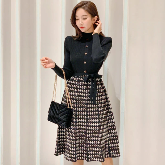 Elegant Knitted Plaid Patchwork Midi Dress for Women Long Sleeve O-neck Pleated Dress Fall Winter Office Lady