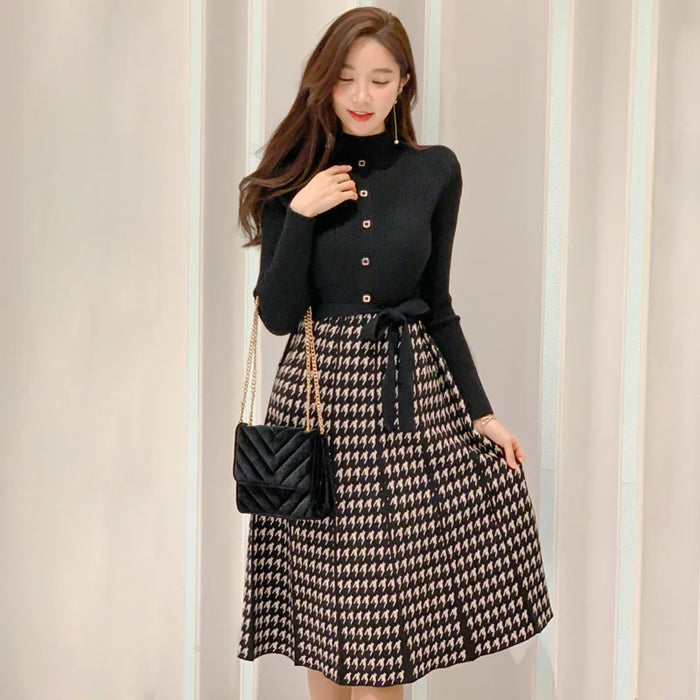 Elegant Knitted Plaid Patchwork Midi Dress for Women Long Sleeve O-neck Pleated Dress Fall Winter Office Lady