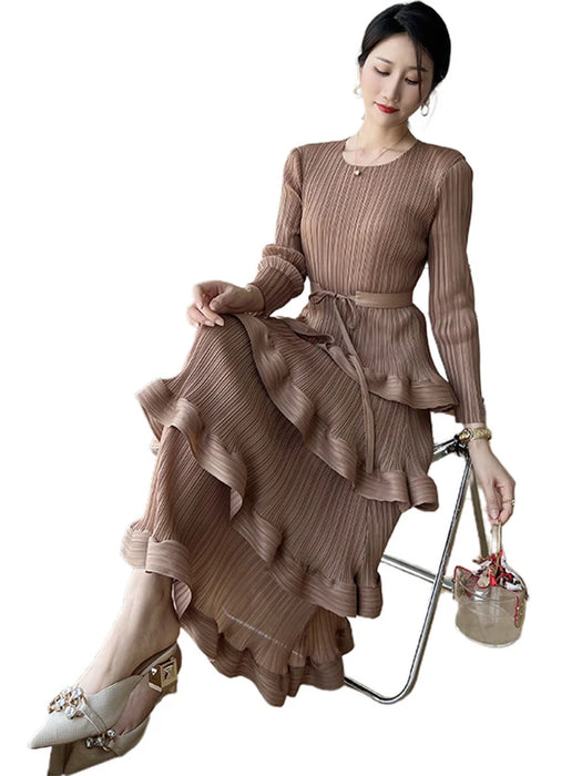Long Pleated Dress Women Round Neck Solid Color Ruffles Belt Dresses Multi-layer Female Elegant Clothing