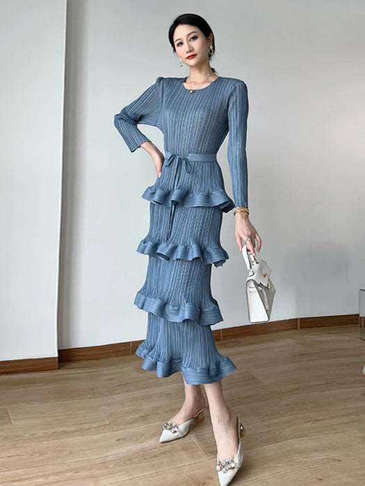 Long Pleated Dress Women Round Neck Solid Color Ruffles Belt Dresses Multi-layer Female Elegant Clothing