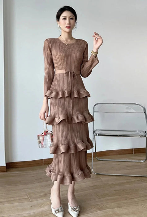 Long Pleated Dress Women Round Neck Solid Color Ruffles Belt Dresses Multi-layer Female Elegant Clothing