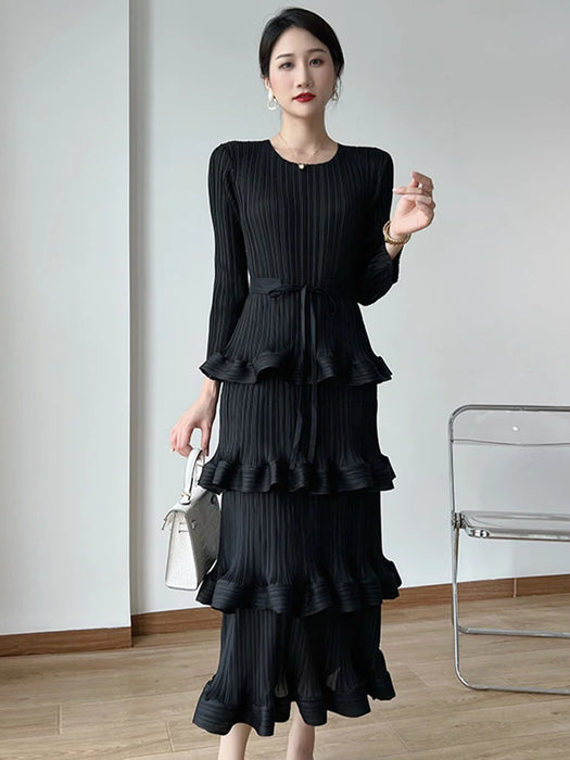 Long Pleated Dress Women Round Neck Solid Color Ruffles Belt Dresses Multi-layer Female Elegant Clothing