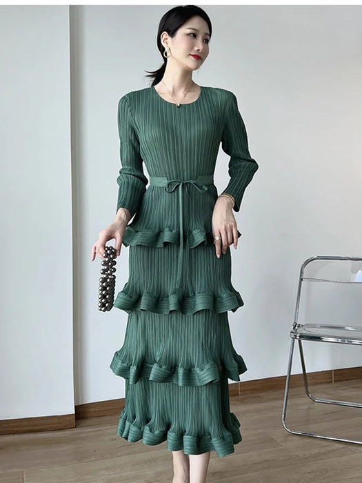 Long Pleated Dress Women Round Neck Solid Color Ruffles Belt Dresses Multi-layer Female Elegant Clothing