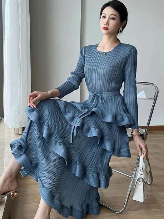 Long Pleated Dress Women Round Neck Solid Color Ruffles Belt Dresses Multi-layer Female Elegant Clothing