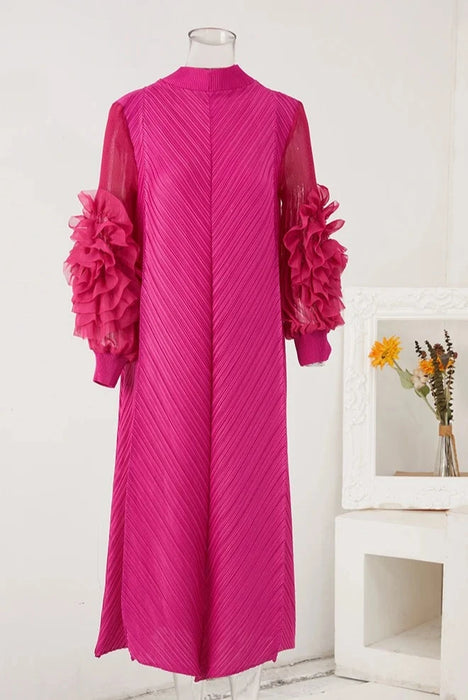 Maxi Pleated Dress Round Neck Spliced Full Sleeve Dresses For Women