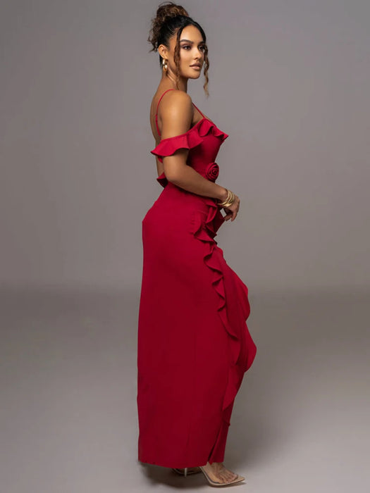 Elegant Ruffle Sexy Maxi Dress Women Spaghetti Strap Flower Sleeveless Backless High Split Club Party Evening Dress