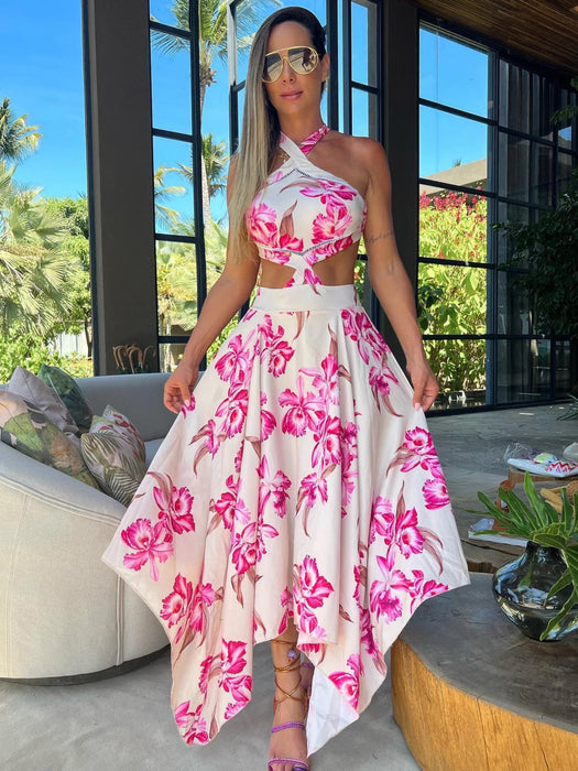 Bohemian Sexy Printed Women Dresses Halter Sleeveless Backless Naked Waist Long Dress Fashion Summer Beach Holiday