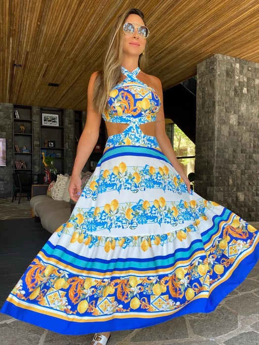 Bohemian Sexy Printed Women Dresses Halter Sleeveless Backless Naked Waist Long Dress Fashion Summer Beach Holiday