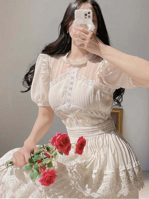 Retro Short Sleeved Lace Patchwork Fashion Slim Big Swing O-Neck Long Party Dress