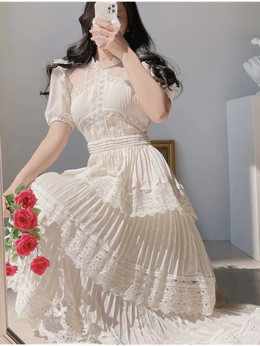 Retro Short Sleeved Lace Patchwork Fashion Slim Big Swing O-Neck Long Party Dress
