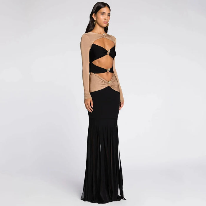 Dual color open belly dress women's fashionable decoration pineapple diamond party dress long style