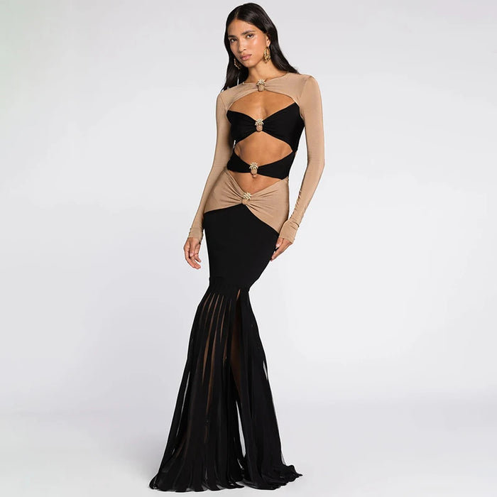 Dual color open belly dress women's fashionable decoration pineapple diamond party dress long style