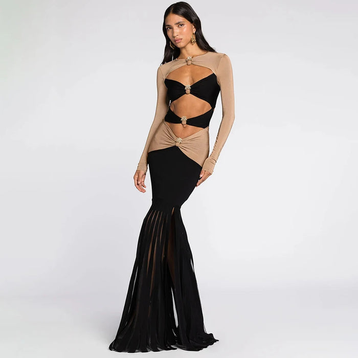 Dual color open belly dress women's fashionable decoration pineapple diamond party dress long style