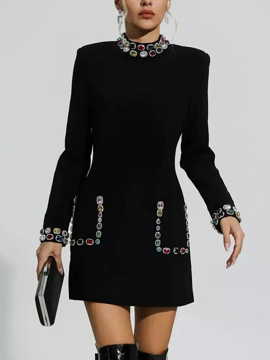 Designer Fashion Women's Colorful Diamond Standing Neck Long Sleeve Dress