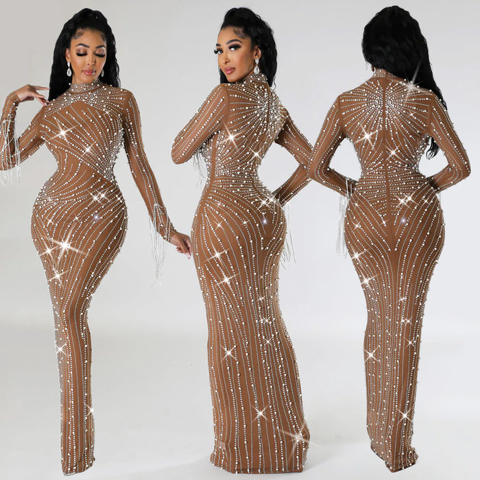 Women Mesh Tassel Long Sleeve Diamonds Hot Rhinestones Bodycon Midi Maxi Long Dress and Tank Inner Dresses 2piece Suit