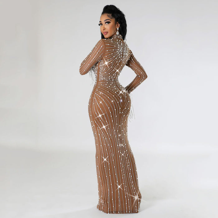 Women Mesh Tassel Long Sleeve Diamonds Hot Rhinestones Bodycon Midi Maxi Long Dress and Tank Inner Dresses 2piece Suit