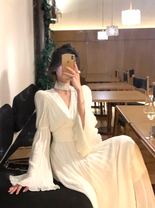 Womens French Elegant Ruffle Irregular Long Dress Pleated Party Evening