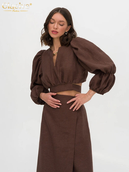 Fashion Loose Brown Linen 2 Piece Set Women Outfit Summer Long Sleeve Crop Shirt With High Waist Long Skirts Set Female