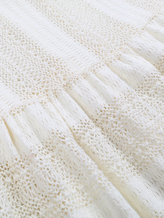 Sexy White Lace Women Dress Turtleneck Tassel Sleeve Slim Naked Waist Hollow Out Long Dress Summer Beach