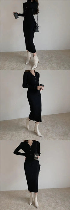 Knitted Long Sleeve Dresses Women Bodycon Dress Lady Winter Buttons V Neck Sweater