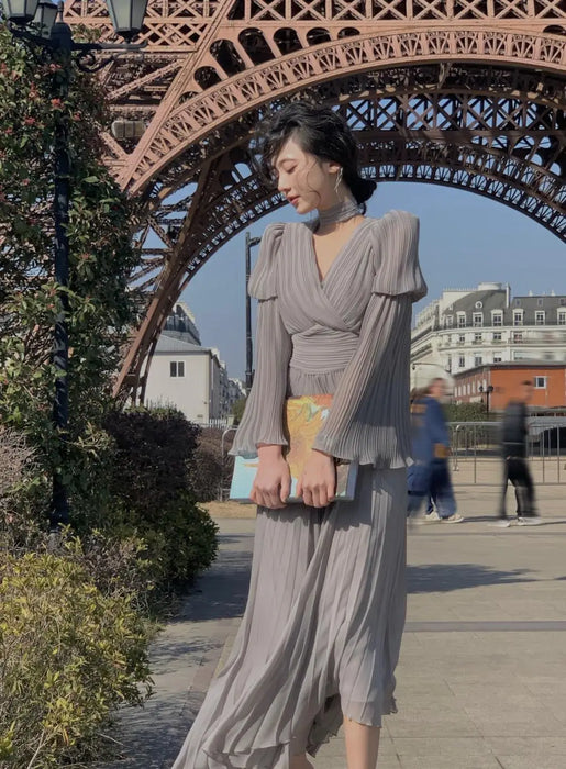 Womens French Elegant Ruffle Irregular Long Dress Pleated Party Evening