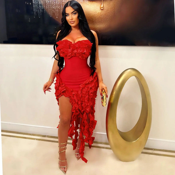 Women Strapless Ruffles Tassel Irregular Bodycon long Maxi Dress